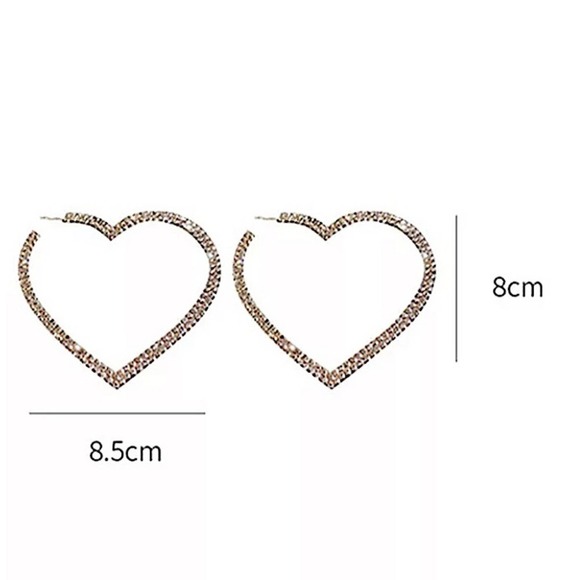 Diamond Oversized Gold Rhinestone Heart Hoop Earrings. Gold plated - Picture 11 of 11